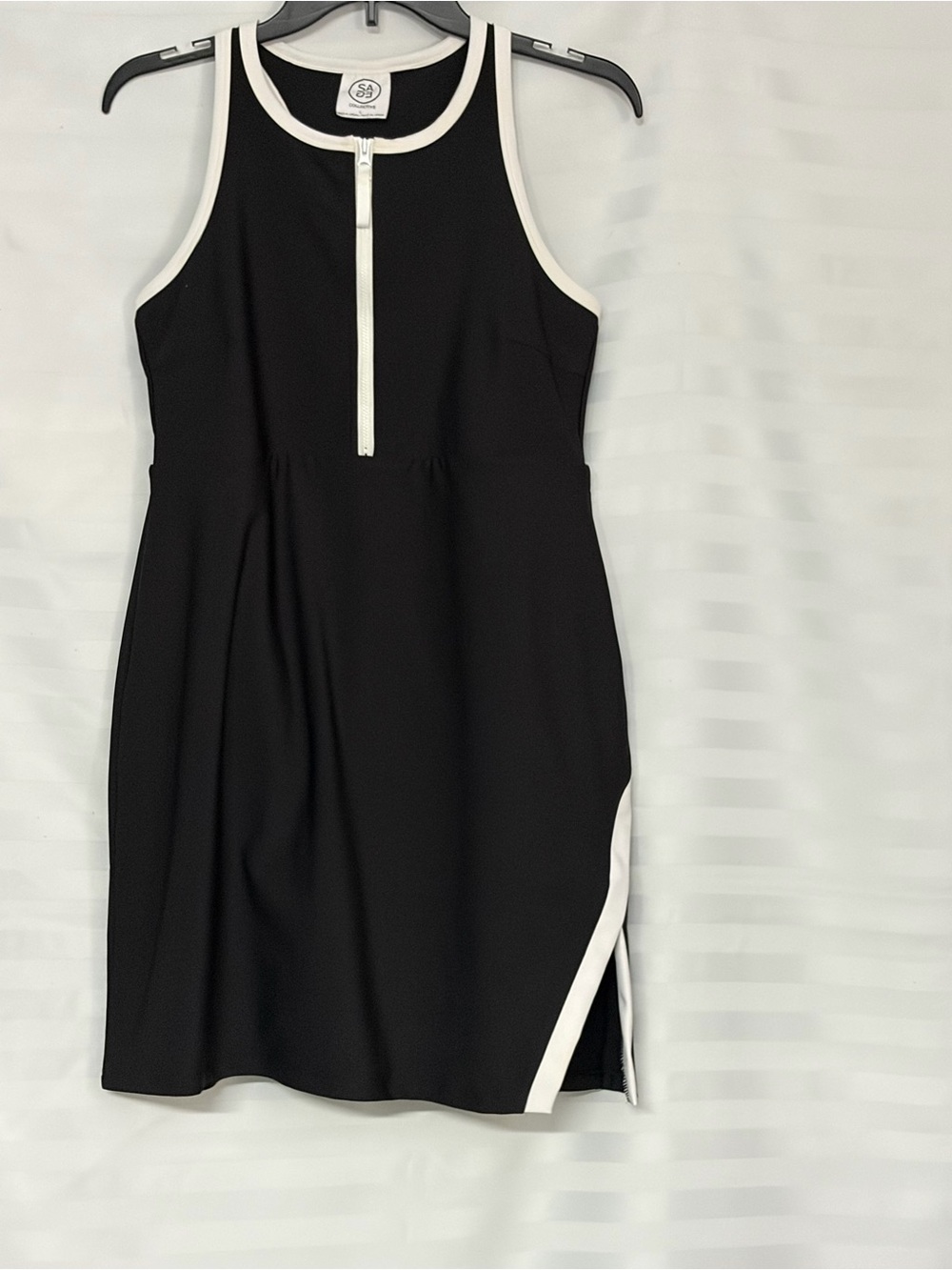 Sage Black Dress with White Trim and Front Zip